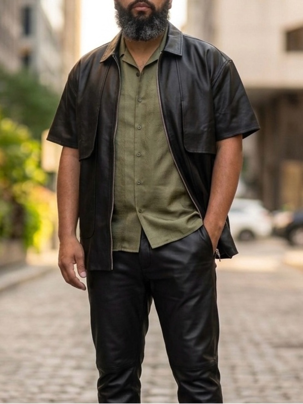 Men's Leather Short Sleeve Shirt Jacket